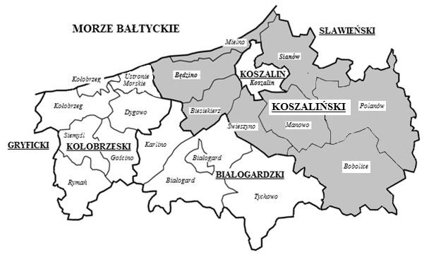 218 Metody ilościowe w ekonomii Rysunek 1. Mapa części województwa zachodniopomorskiego z powiatami i gminami Źródło: opracowanie własne. 2.