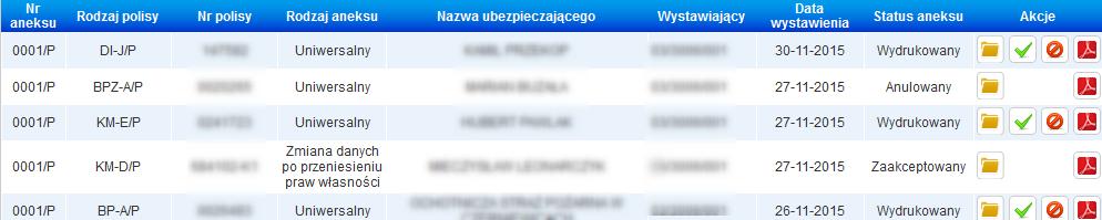 Po wybraniu opcji Szukaj pojawia się lista ostatnio wystawionych aneksów Użytkownika: Po wybraniu w polu "Status" opcji "Wydrukowany" i użyciu przycisku SZUKAJ, Użytkownikowi pojawi się lista