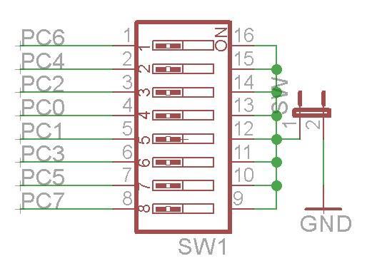 DIP Switch 8-pozycyjny przełącznik typu DIP Switch, podłączony do pinów C mikrokontrolera pozwala na ustalanie dowolnych stanów