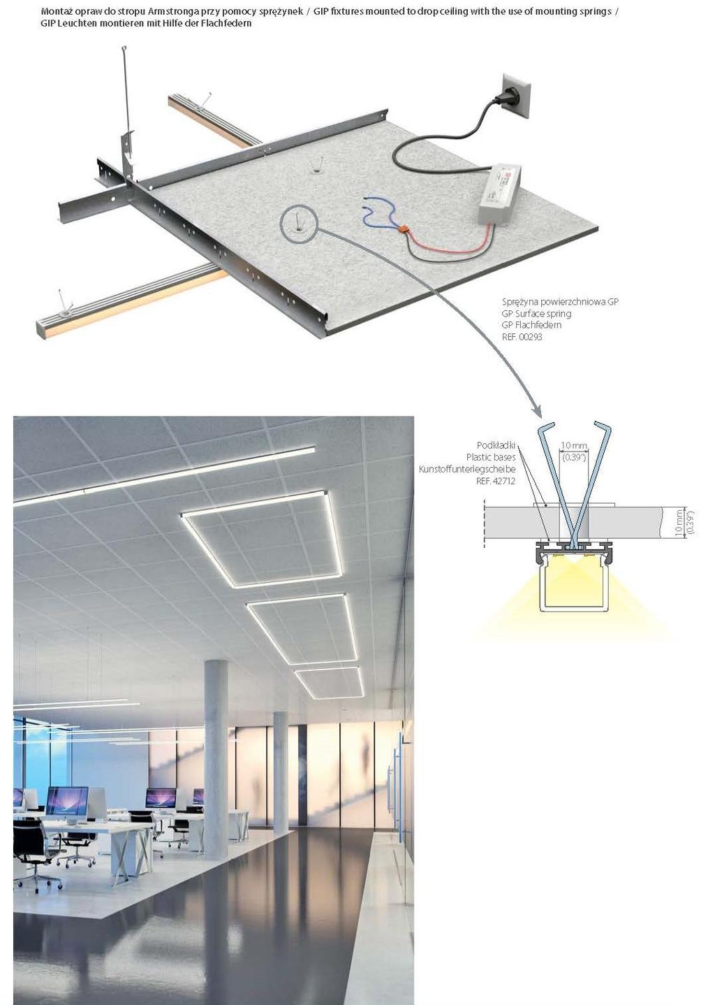7) oprawy LED natynkowe liniowe / 57 sztuk na piętrze / 31x 350cm, 4x 280cm, 20x 70cm, 2x 160cm Profil