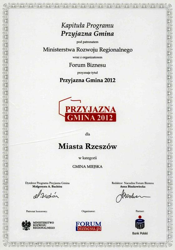 tytuł PRZYJAZNA GMINA 2012 Program pod patronatem Ministerstwa Rozwoju Regionalnego Przyjazna Gmina ma na