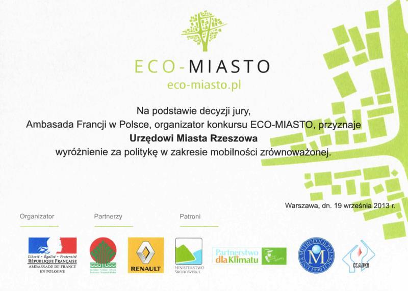 Wyróżnienie za politykę w zakresie mobilności zrównoważonej w konkursie ECO-MIASTO (projekt, którego