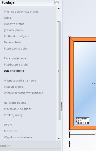 Podział mocowania do ściany W menu wprowadzania elementów można podzielić profile wchodzące w skład mocowania do ściany.