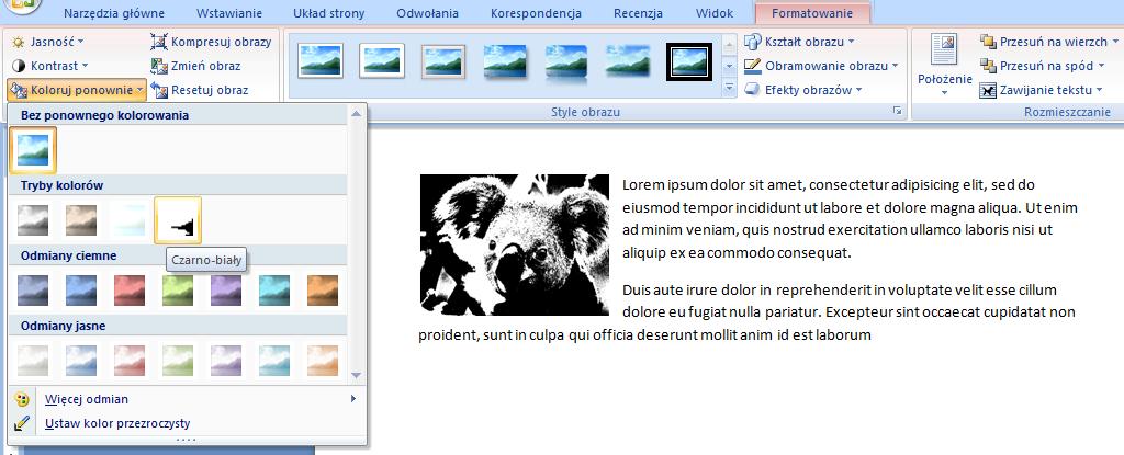 Wstawiony obraz możesz również formatować, czyli zmieniać jego jasność, kontrast, a nawet styl kolorowania.