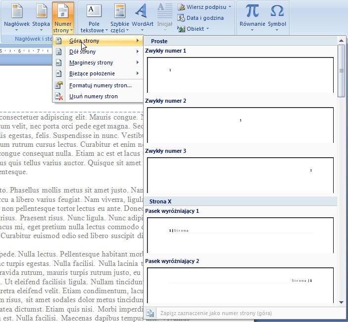 Jeżeli chcesz wstawić numery stron do dokumentu, wybierz przycisk Numer strony, a następnie jedną z dostępnych opcji.