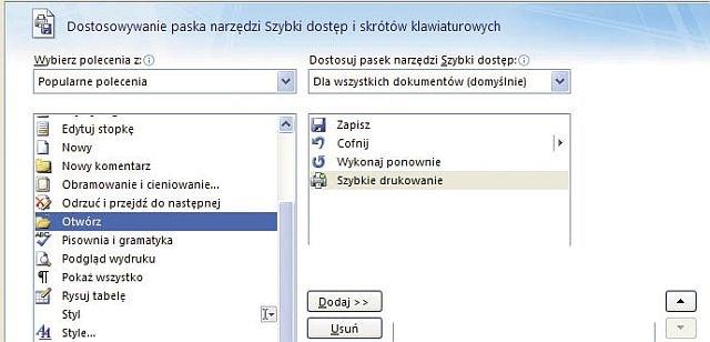 W tym celu należy kliknąć na znajdującą się z prawej strony strzałkę i zaznaczyć wybrane opcje, które chcesz wyświetlać na pasku szybkiego uruchamiania.