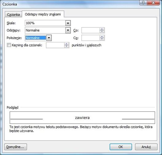 Zakładka Odstępy między znakami służy natomiast do ustawiania odległości między znakami (literami) w wyrazie.