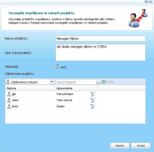 Przykładowo kliknęliśmy na jeden z projektów, a następnie na opcję Zarządzaj projektem, wówczas jeżeli jesteśmy administratorem systemu CTERA lub właścicielem projektu to pojawia się okno, w którym