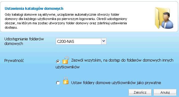 Po włączeniu w ustawieniach możemy wybrać na którym udziale znajdować się będą katalogi domowe użytkowników, oraz decydujemy, czy każdy ma dostęp tylko do swojego