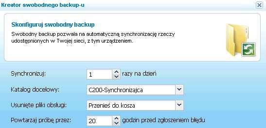 Definiujemy katalog, do którego mają być synchronizowane udziały, ustalamy co ma się stać z danymi, które zostały usunięte lub zmienione z źródła docelowego tj.