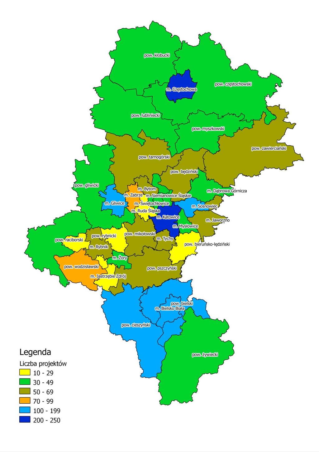 Rysunek nr 1 Liczba umów realizowanych w ramach poddziałań skierowanych do przedsiębiorców w poszczególnych powiatach woj.