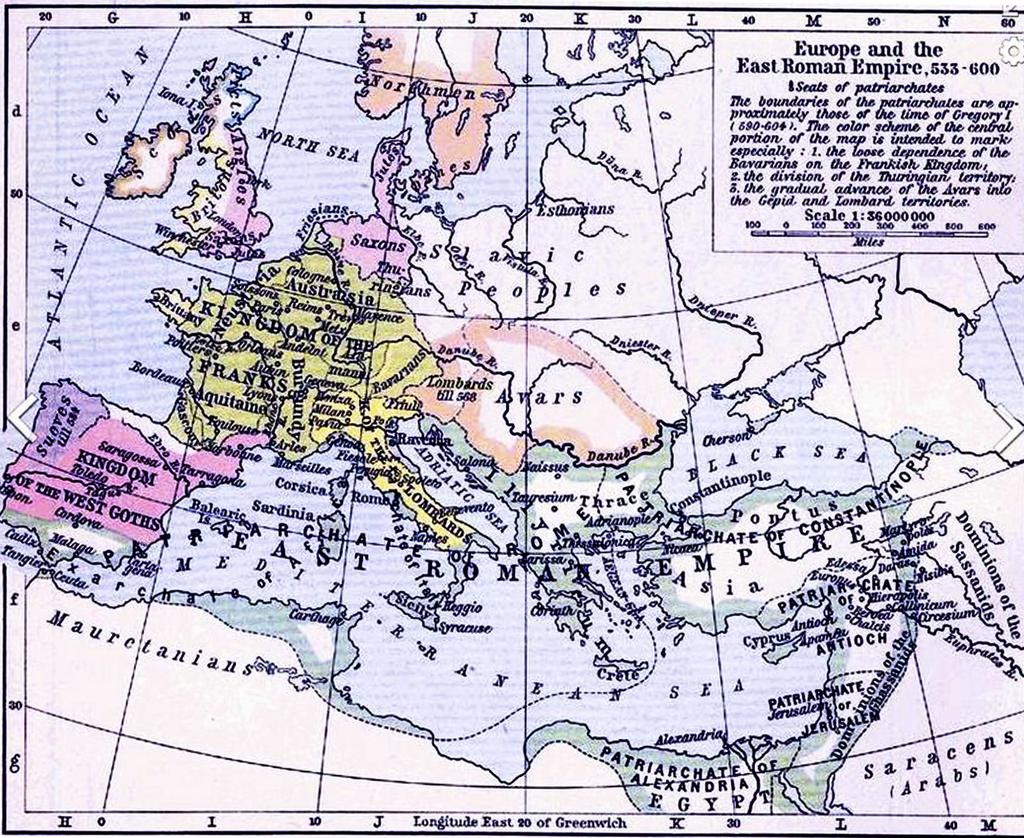 East Roman Empire, 6th century CE, showing the territories of the Avars, Goths,