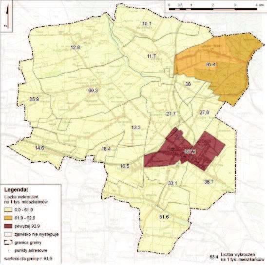 Rysunek 18. Rozkład przestrzenny wskaźnika wykroczeń na 1 tys. mieszkańców w gminie Charsznica Wskaźnik obrazujący liczbę przestępstw przeciwko rodzinie i opiece na 1 tys. mieszkańców w 2015 r.