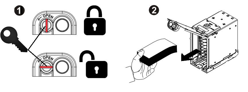 Emptying the cassette: 1. Open with a key 2. Pull notes Optics maintance: To make sure the bill acceptor always works smoothly, please clean the internal parts regularly.