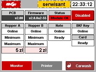 4 Informations available from the carwash controller If the money changer is connected to the carwash driver, it is possible to monitor it s work. To enter menu, You should log in as an Admin.