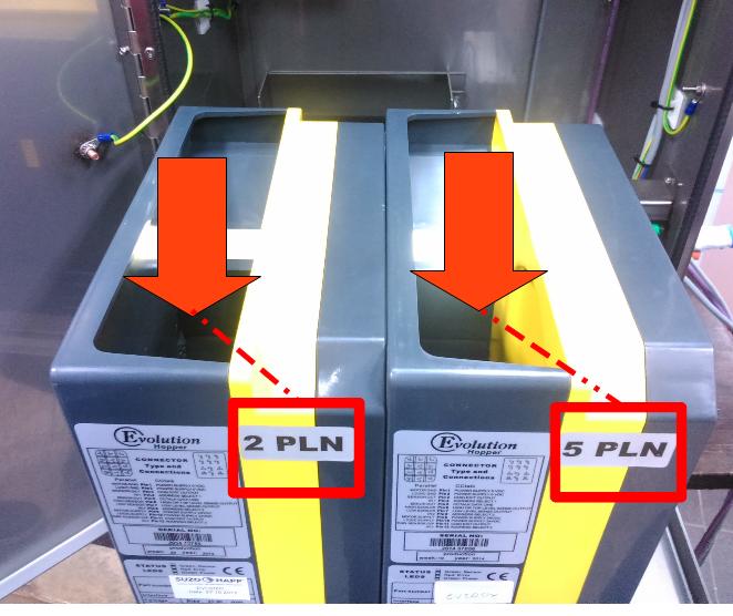 Tokens or coins should be poured directly into the opening in the top wall of the hopper. Note the pouring proper value to the appropriate hopper. The nominal value is derived from the sticker.