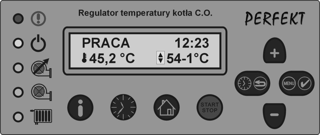 I. Obsługa regulatora. Rys. 1 Widok panelu sterowania. Regulator załączamy do sieci włącznikiem. Na początku wyświetlana jest wersja programu, po czym ukazuje się ekran główny.