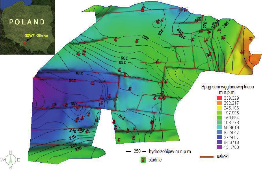 Rys. 1. Rozmieszczenie uskoków na modelu wraz z lokalnymi strukturami geologicznymi, na tle spągu GZWP Gliwice 3.