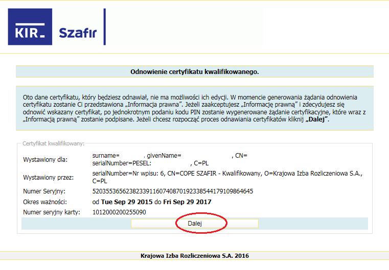 W kolejnym kroku aplikacja zaprezentuje zawartość karty: Po sprawdzeniu danych należy kliknąć przycisk Dalej.