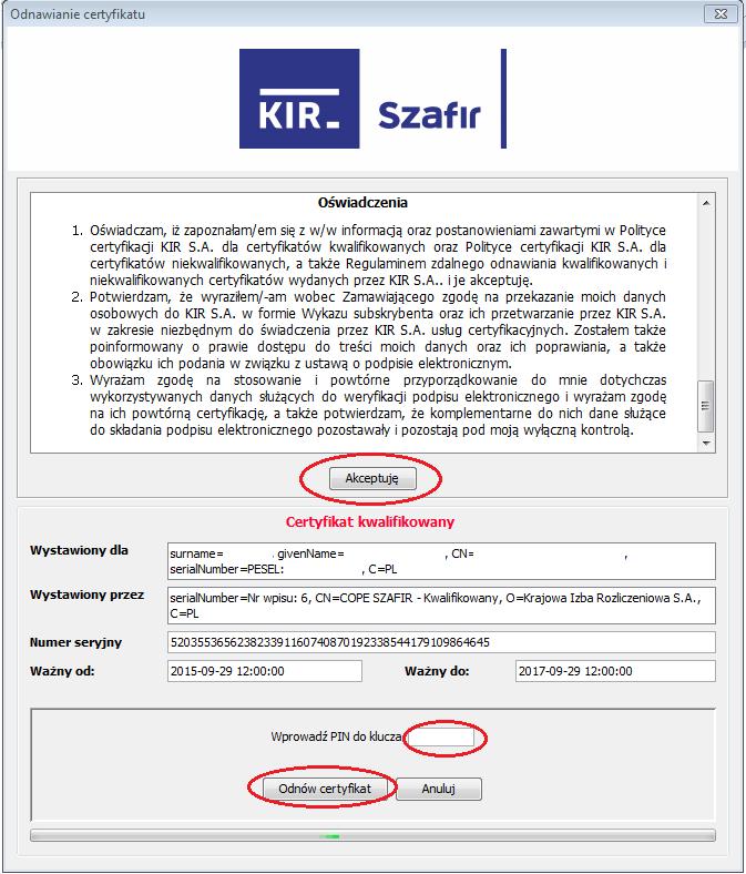 Po zaakceptowaniu informacji prawnej należy wprowadzić PIN do klucza i kliknąć przycisk Odnów certyfikat.