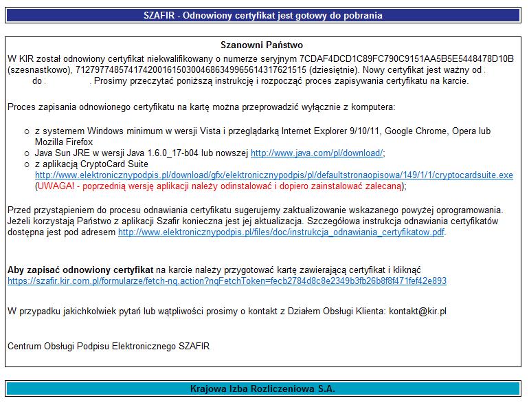 przygotowaniu certyfikatu przez KIR,