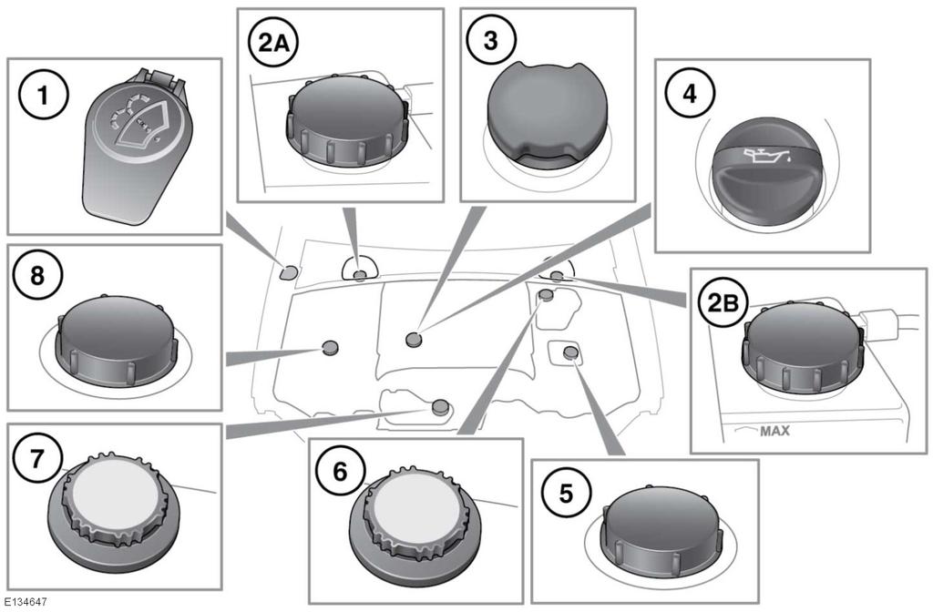R Sprawdzanie poziomu płynów Silniki Diesla 3.0L i 2.2L 1. Płyn do spryskiwaczy 2. Płyn hamulcowy: A. Pojazdy z kierownicą z prawej strony. B. Pojazdy z kierownicą z lewej strony. 3. Olej silnikowy (silnik 3.