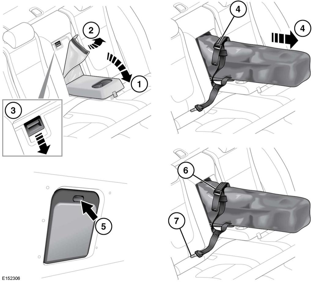 L Tylne fotele BAGAŻNIK DO PRZEWOZU NART 1. Opuścić podłokietnik. 2. Pociągnąć skórzaną osłonę do przodu. 3. Nacisnąć zaczep, aby zwolnić wewnętrzne drzwiczki i opuścić na podłokietnik. 4.