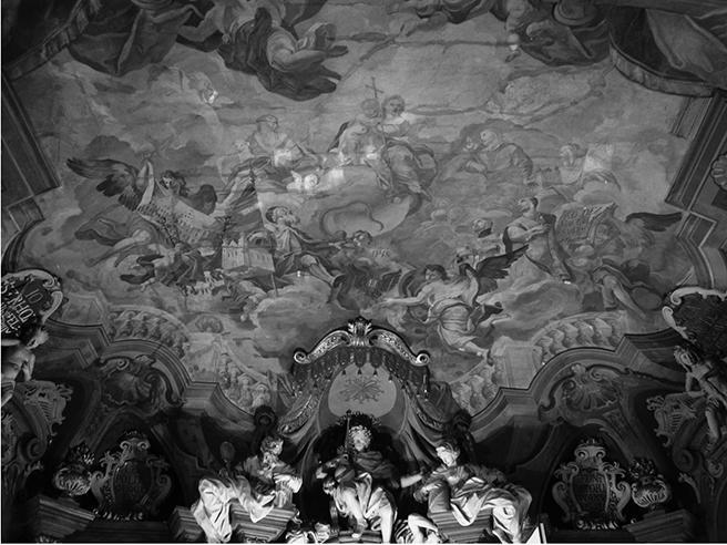 Odwzorowanie perspektywiczne w nasklepiennym malarstwie późnego baroku Rysunek 4. Iluzyjne malowidło nasklepienne w Auli Leopoldyńskiej we Wrocławiu.
