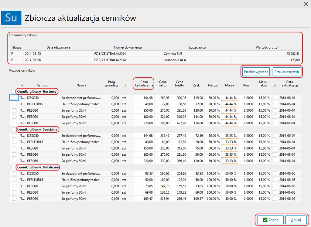 niektórych towarów wynikających ze specyfikacji faktur zakupu można je oznaczyć (z lewej strony okna) i przeliczyć ceny tylko dla tych konkretnych pozycji; Przelicz wszystkie przycisk ten umożliwia