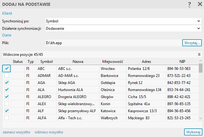 Poniższe okno przedstawia import towarów.