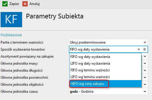 Dodano nowy sposób wydawania towarów według najwyższej ceny nabycia (HIFO). PRO (Su) W Parametrach Subiekta dodano nowy sposób wydawania towarów według najwyższej ceny nabycia HIFO.