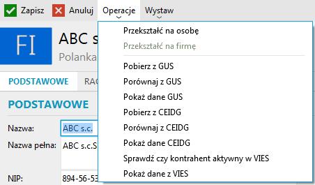 o Wyszukaj dane automatycznie ten znacznik może być zaznaczony tylko dla jednej z wyszukiwarek GUS lub CEIDG.