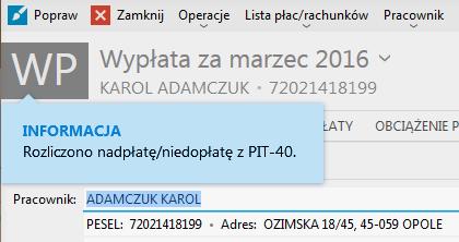 składnik płacowy Niedopłata z rozliczenia rocznego PIT-40 jako