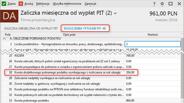 Wartość podatku jest także wykazana na deklaracji PIT-4R.