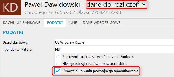 W formularzu umowy cywilnoprawnej należy zaznaczyć pole związane z Podatkiem