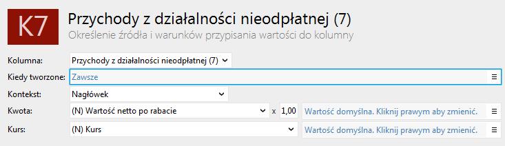 Po wybraniu kolumny, wyświetlone zostaje pomocnicze okienko z parametrami zapisu.