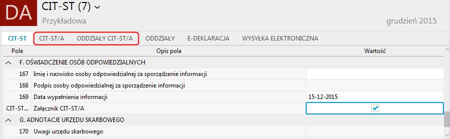 W przypadku gdy istnieje konieczność wystawienia załącznika CIT-ST/A, należy zaznaczyć stosowny znacznik w pierwszej sekcji formularza CIT-ST.