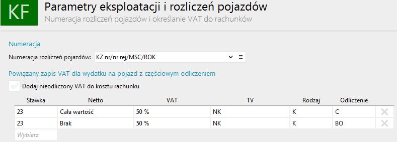 Użytkownik może jednak wybrać jedną z dwóch opcji: o Pełne odliczenie dla pojazdów zgłoszonych jako wykorzystywane wyłącznie do celów działalności gospodarczej.