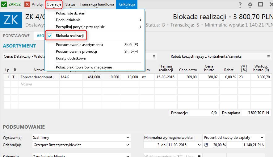 Wykorzystanie na dokumencie Podczas wypisywania dokumentów np. zamówienia od klienta istnieje możliwość wskazania Minimalnej wymaganej wpłaty.