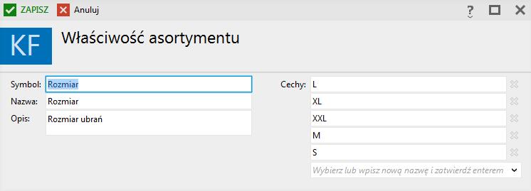 Widok Modele Widok model dostępny jest z poziomu modułu Asortyment. W oknie modelu dostępne są do uzupełnienia sekcje i różnego rodzaje pola.