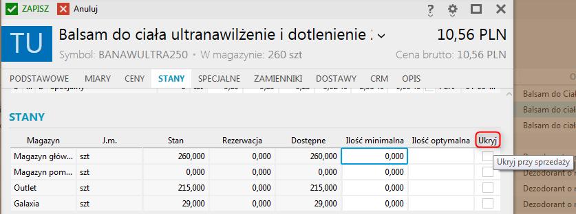 Na formularzu w kartotece asortymentu w sekcji Stany dostępna jest opcja Ukryj (w ostatniej kolumnie tabeli).