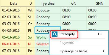 Główny obszar roboczy podzielony jest w pionie na trzy wyróżnione odcieniami części: Żółta w tej części prezentowana jest data z informacją o dni tygodnia; Zielona - Plan pracy (harmonogram) - jest