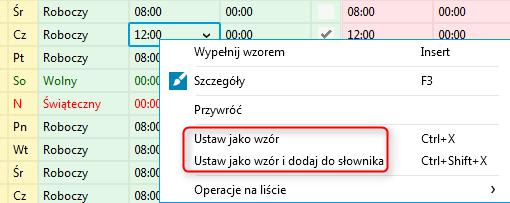 Można także dodawać i usuwać absencje - funkcje są dostępne tylko na kolumnie A (Absencja). Popraw - po przejściu do tego trybu nie można zmienić już umowy ani okresu rozliczeniowego.