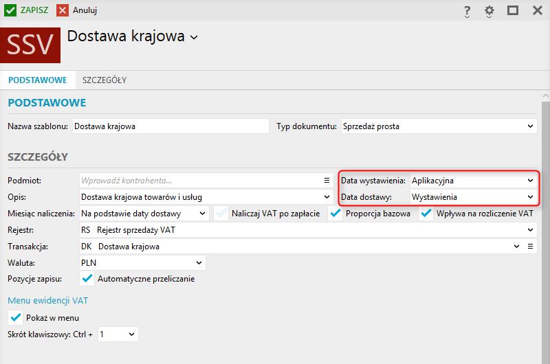 Na szczególną uwagę zasługują pola decydujące o datach domyślnie podpowiadanych przy dodawaniu dokumentu na podstawie