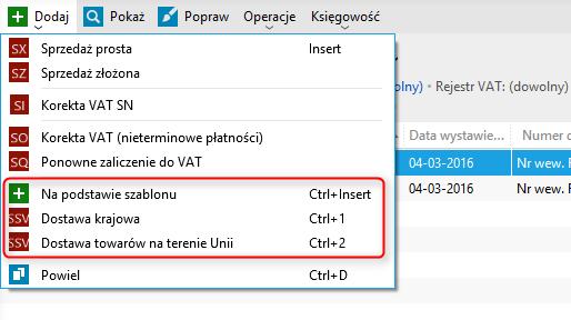 Poniżej sekcji szczegóły znajduje się podsekcja Menu ewidencji VAT.