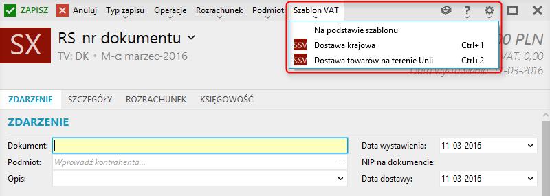 sprzedaży lub Ewidencja VAT zakupu w zależności od określonego na schemacie typu dokumentu oraz na samym formularzu dokumentu pod