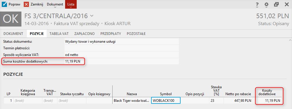 Koszty dodatkowe (Re) Obrazy księgowe dokumentów sprzedaży zostały wzbogacone o wartości wynikające z kosztów dodatkowych dodawanych do pozycji asortymentowych dokumentu.