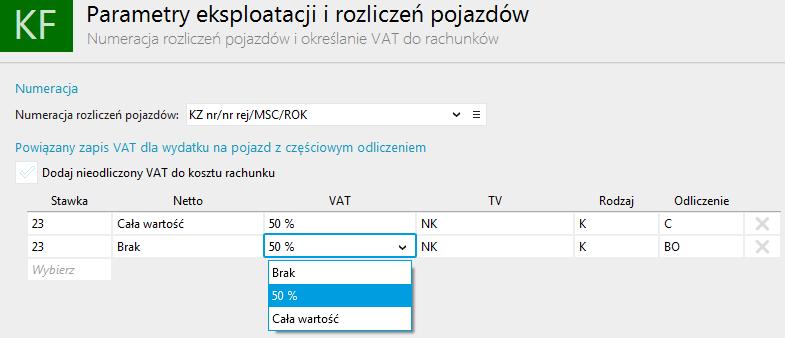 Użytkownik może ustawić sposób rozdzielania podatku dla zapisów z Częściowym odliczeniem od eksploatacji pojazdów.