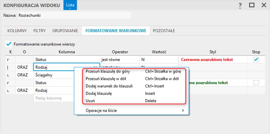 Opcje dotyczące edycji klauzul zostały zgrupowane w menu kontekstowym.