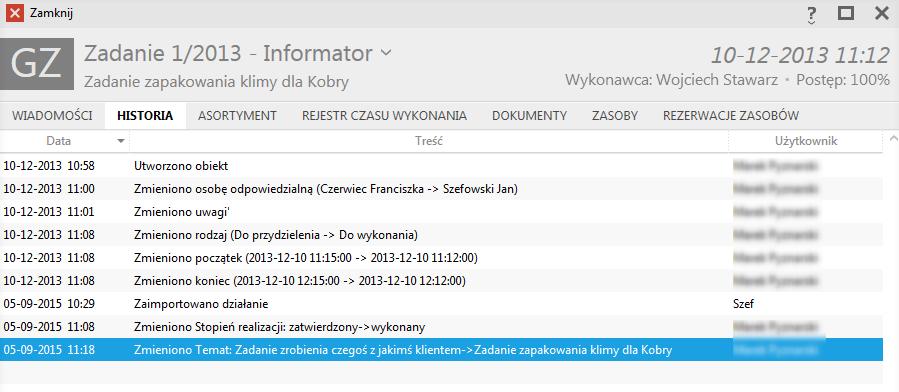 Do danego działania może być przywiązanych wiele wiadomości. Zakładka w informatorze prezentuje listę wiadomości z możliwością podglądu treści w dolnej części okna.